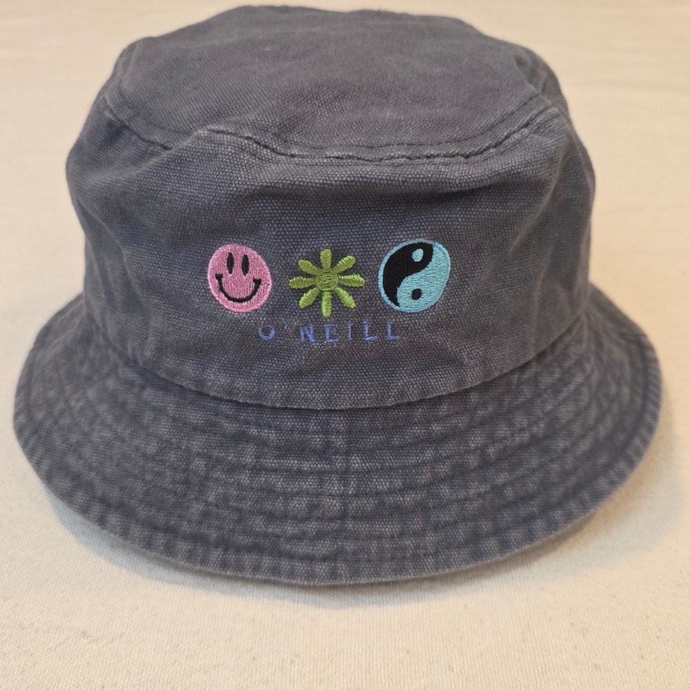ONeill Navy Blue Canvas Bucket Hat Smiley Sun Yin Yang Embroidered Surf Sun Hat
